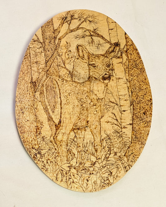 Art Pyrography om wood "Dear Fawn in Forrest" Oval Hanger