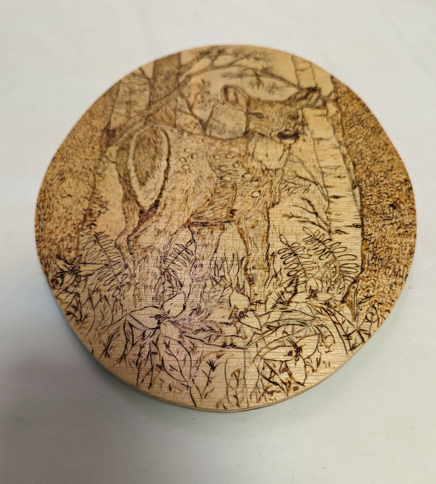 Art Pyrography om wood "Dear Fawn in Forrest" Oval Hanger