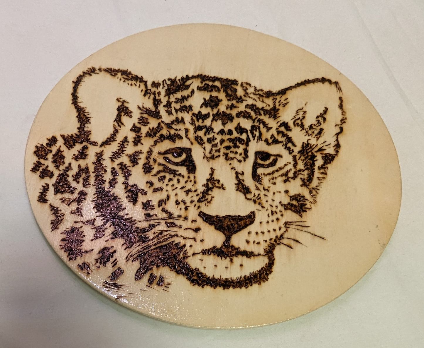 Art Pyrography on round plywood" Leopard Face" Original Artist Acredited.