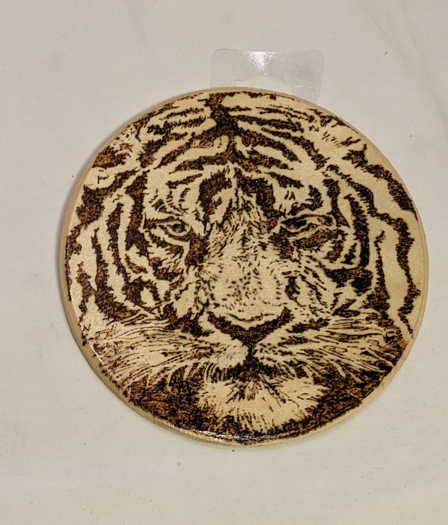 Art Pyrography on wood round ' Tiger Face" Acredited Artist