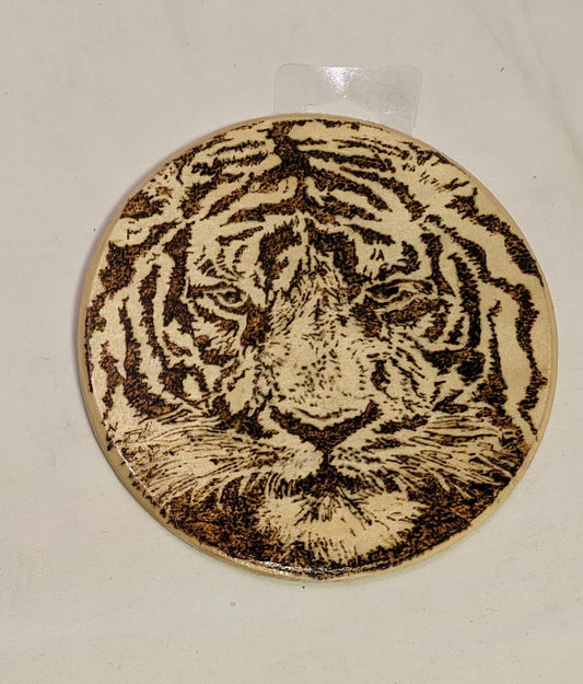 Art Pyrography on wood round ' Tiger Face" Acredited Artist