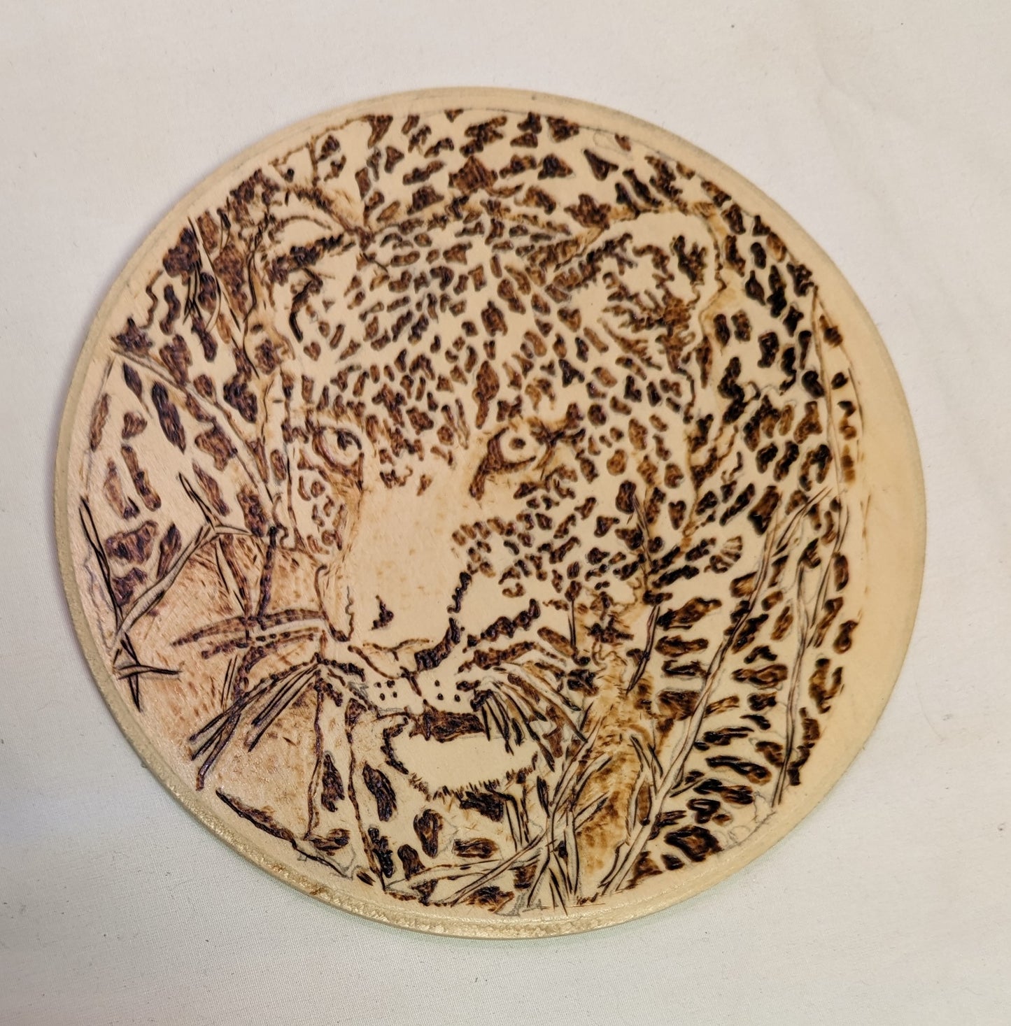 Art Pyrography Round on Wood "Leopard Face"