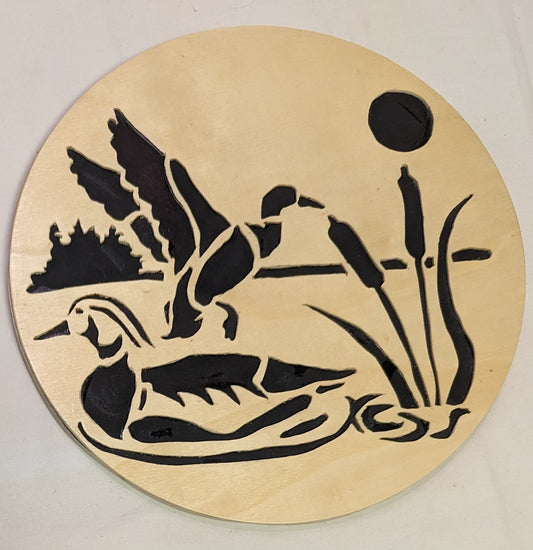 Art Scroll Sawed on Round Wood Negative Emblem Ducks on Water