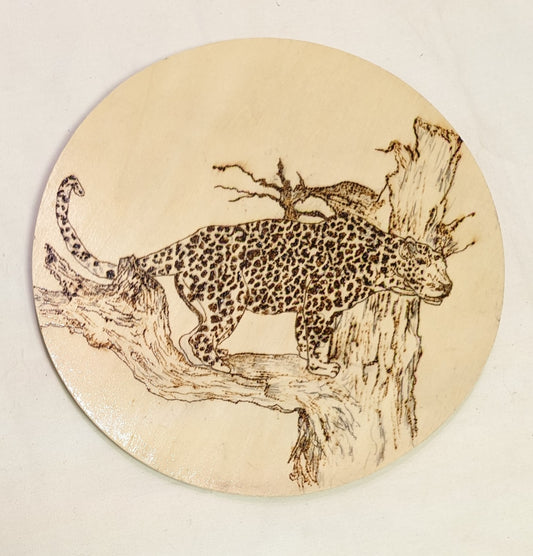 Art Pyrography on Round Plywood Leopard in a Tree