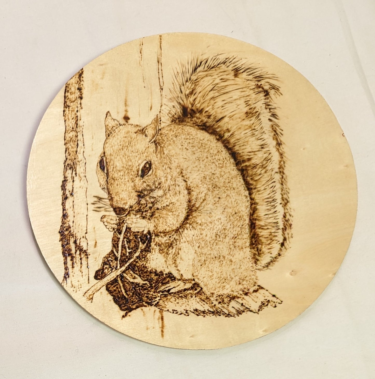 Art Pyrography Round on Wood  Garden Theif Squirel Credited Cabincore