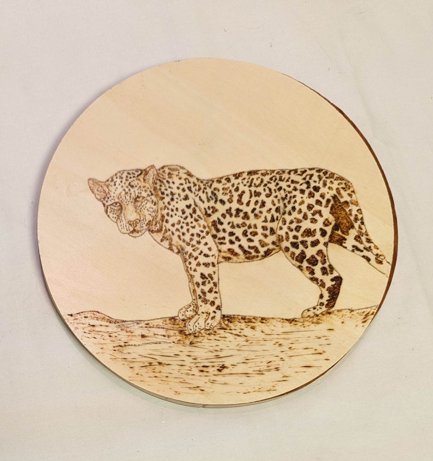 Art Pyrography on Round Plywood Leopard on limb