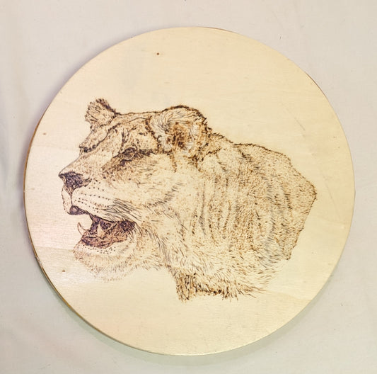 Art Pyrography on Round plywood Lion Head