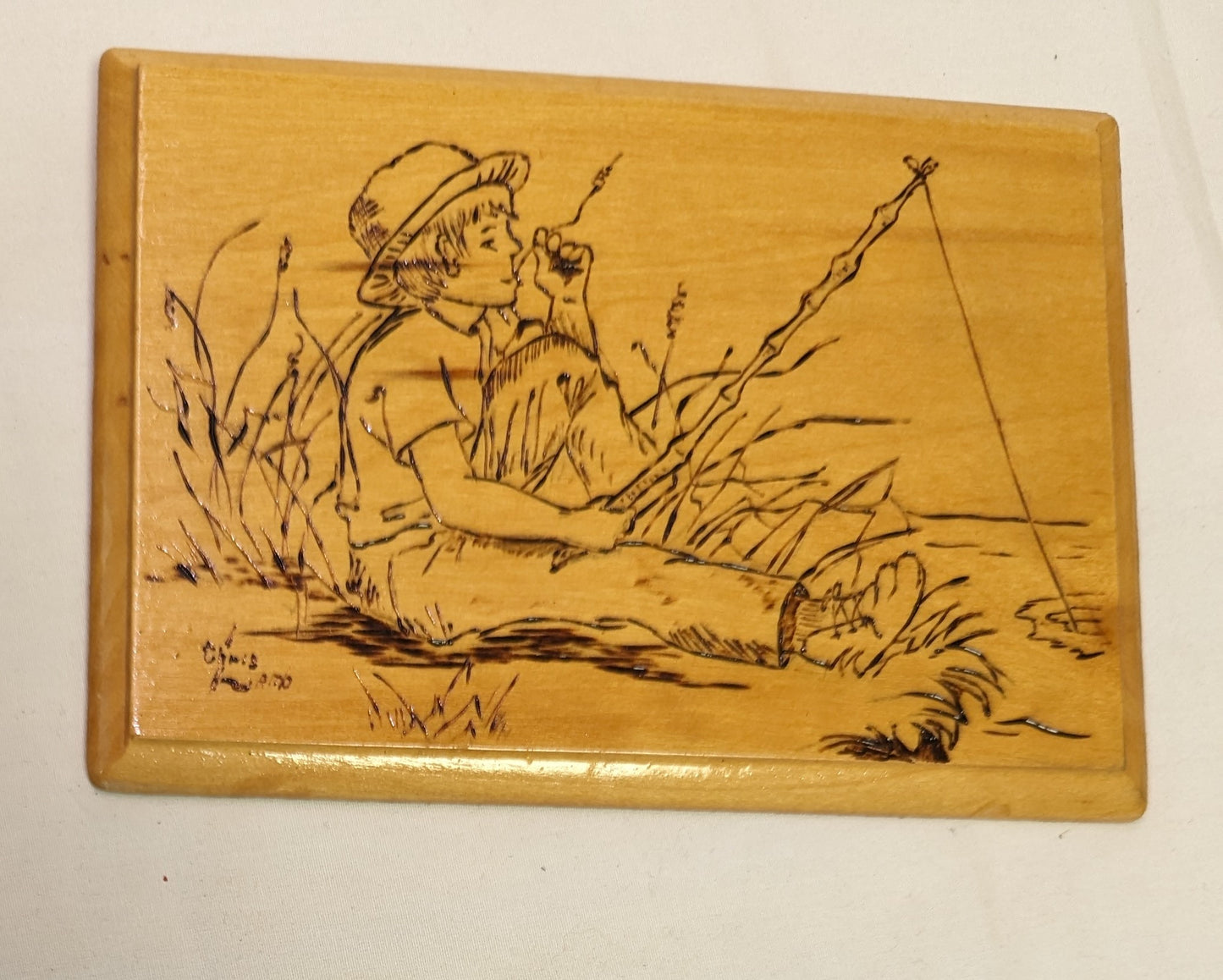 Art Pyrography on wood Scene of Boy Fishing Autographed