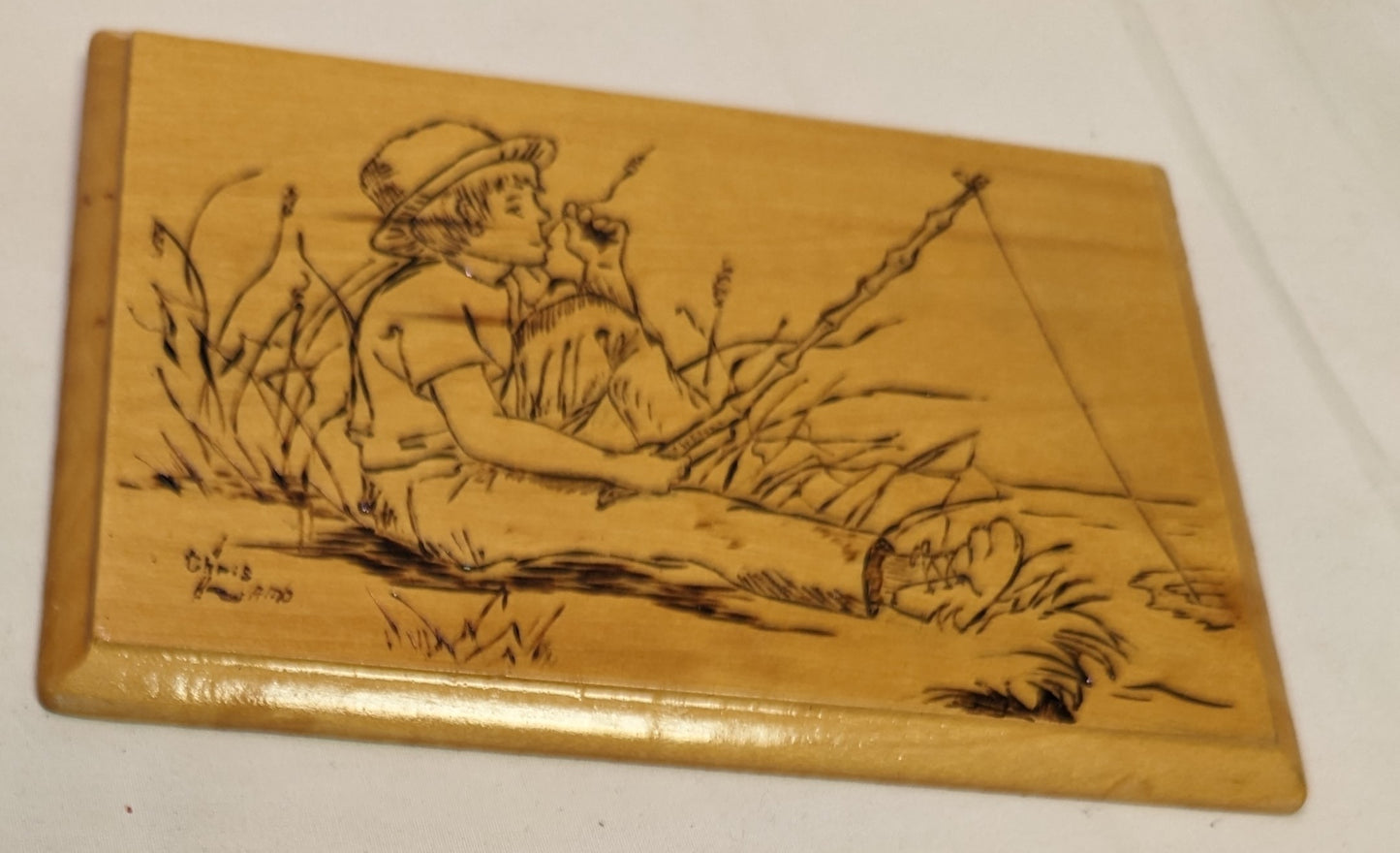Art Pyrography on wood Scene of Boy Fishing Autographed