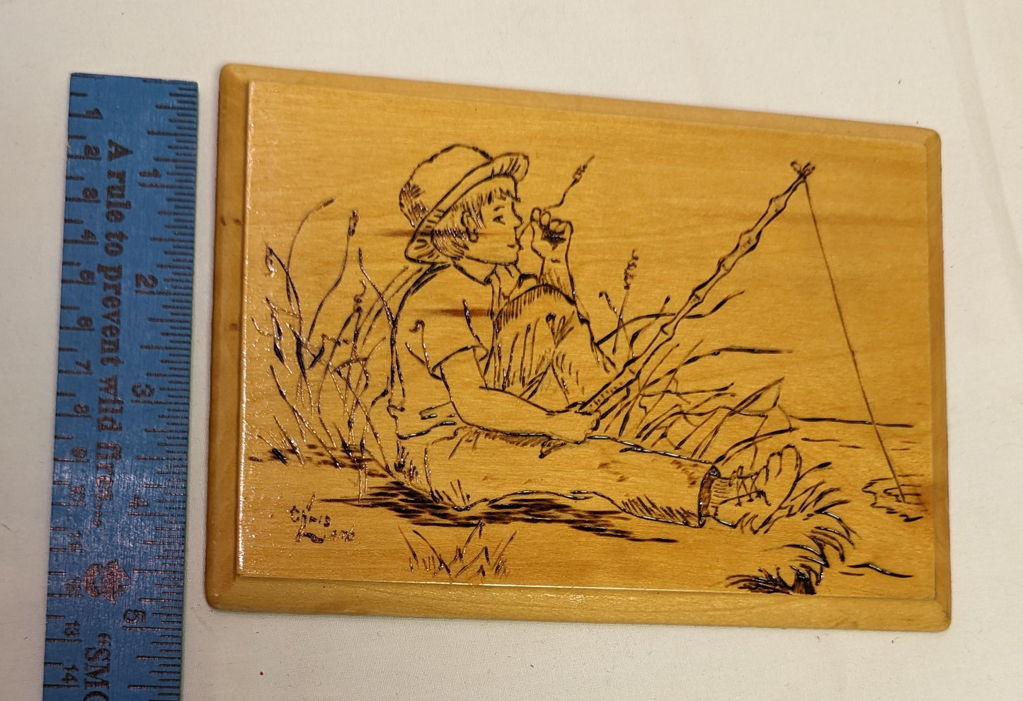 Art Pyrography on wood Scene of Boy Fishing Autographed