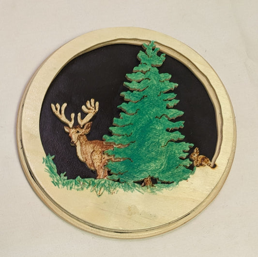 Art Craftwork Scroll Layered Weood Burned wood Painted wood, Deer and Bunny next to evergreen
