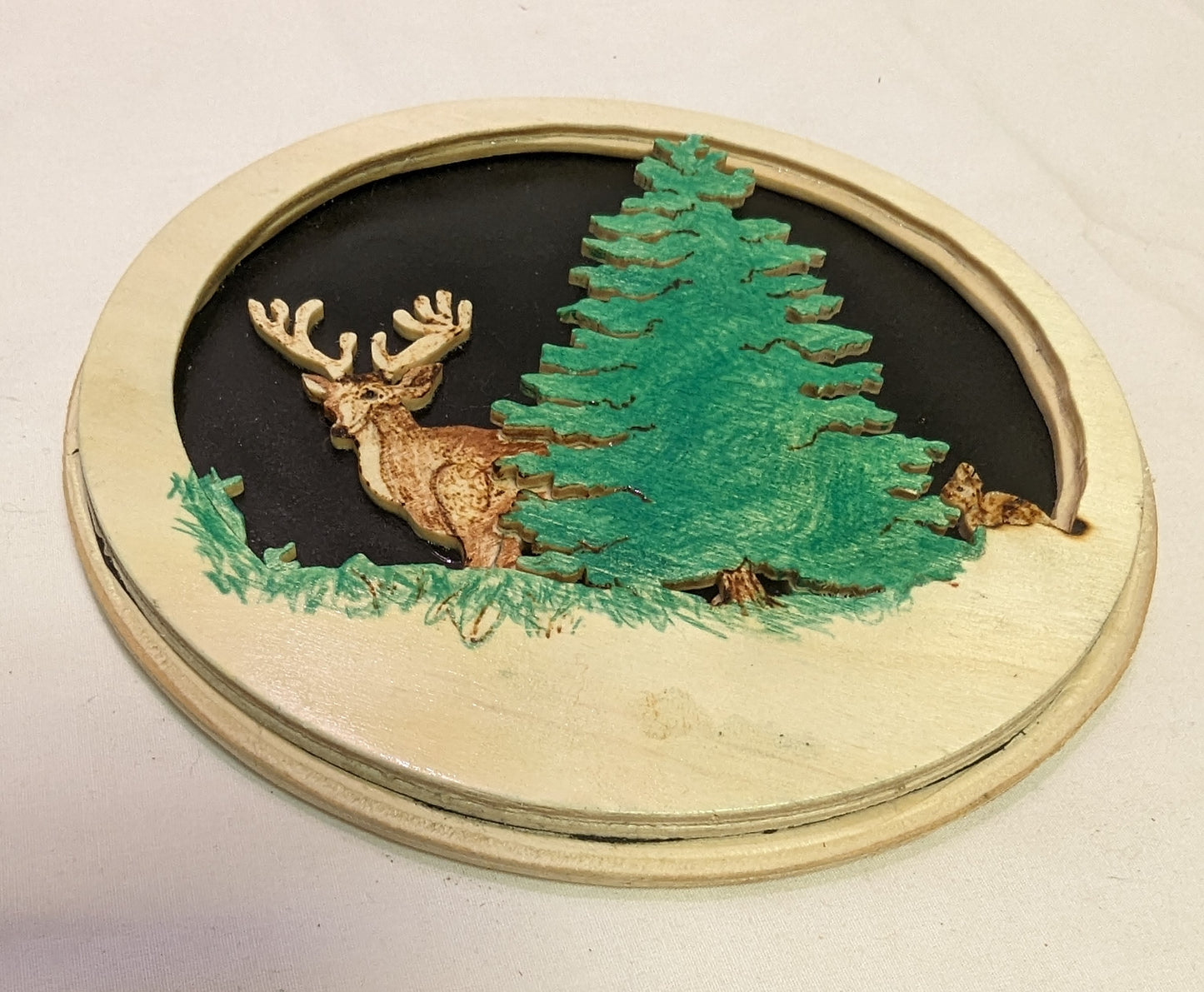 Art Craftwork Scroll Layered Weood Burned wood Painted wood, Deer and Bunny next to evergreen