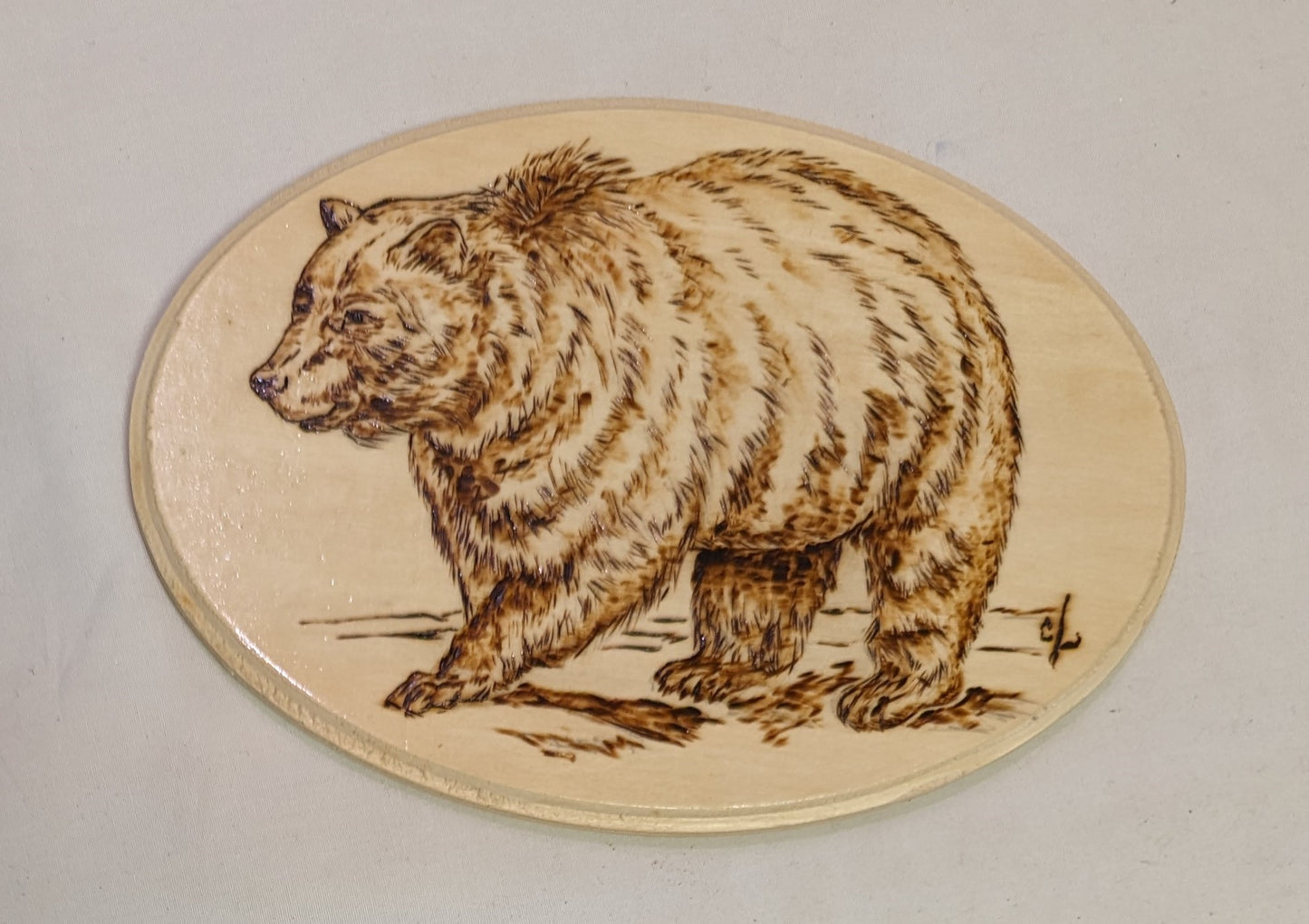 Art Pyrography on Oval Wood Big Bear Autographed