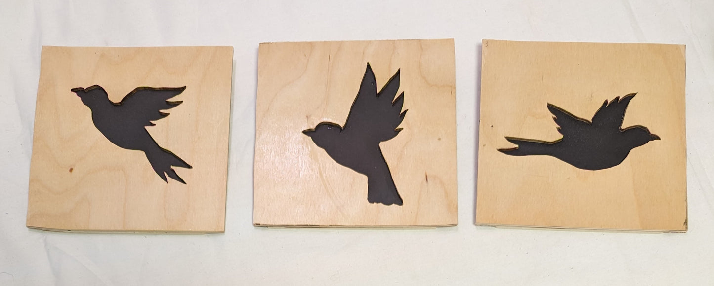 Art Scroll Sawed Wood Silhouettes "Three Little Birds"  Negatives Mounted Qty 3