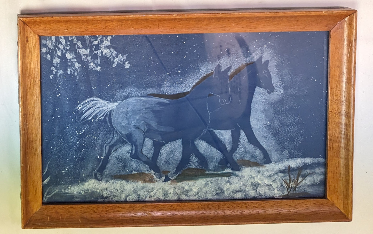 Art Painting Horses on Cold Night in frame underr glass