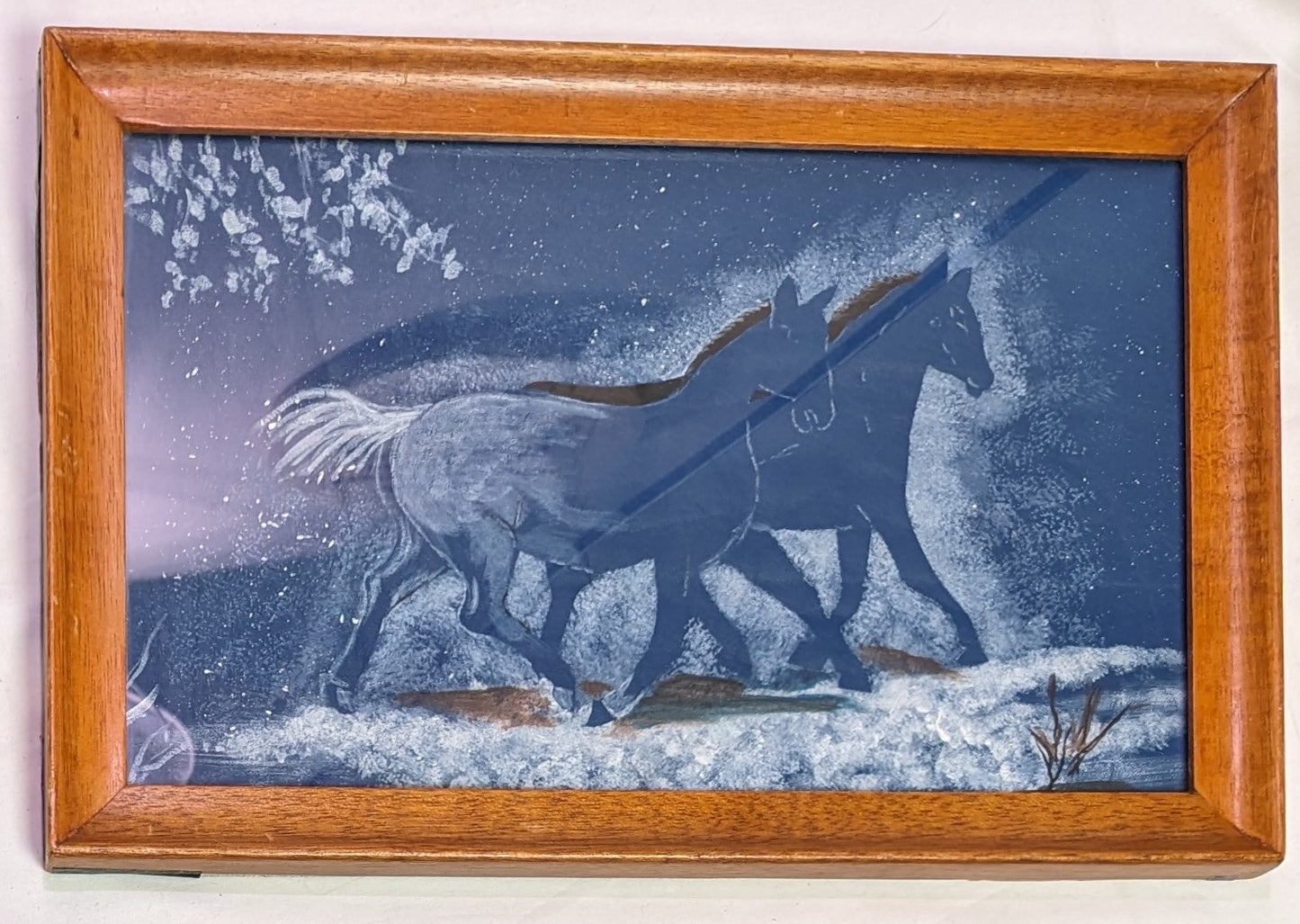 Art Painting Horses on Cold Night in frame underr glass