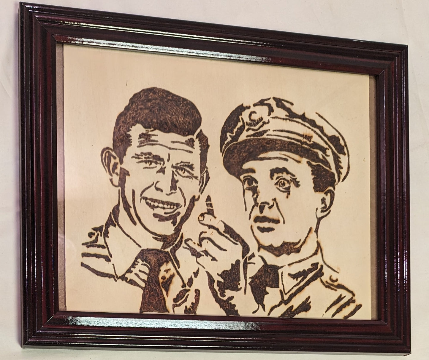 Art Pyrography Caricature  on wood " Andy and Barney " in frame under glass