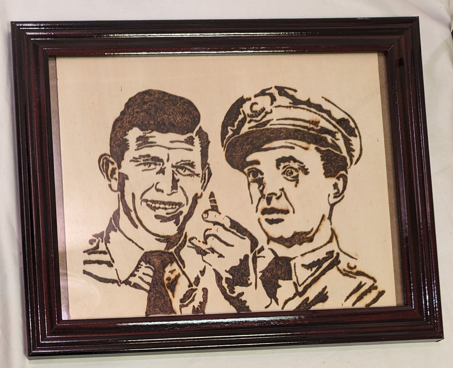 Art Pyrography Caricature  on wood " Andy and Barney " in frame under glass