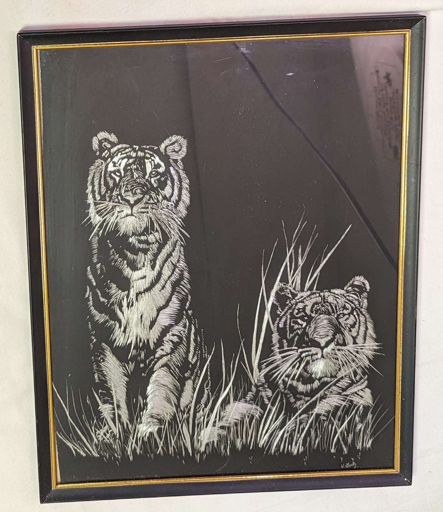 Art metal etching on Black original Two Tigers " in frame under glass Autographed