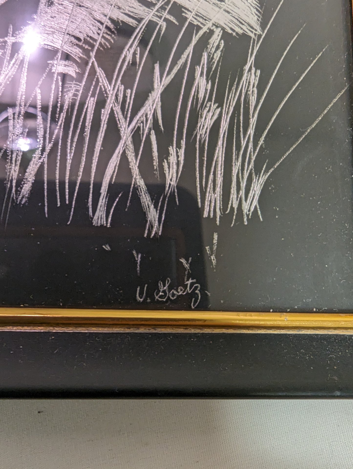 Art metal etching on Black original Two Tigers " in frame under glass Autographed