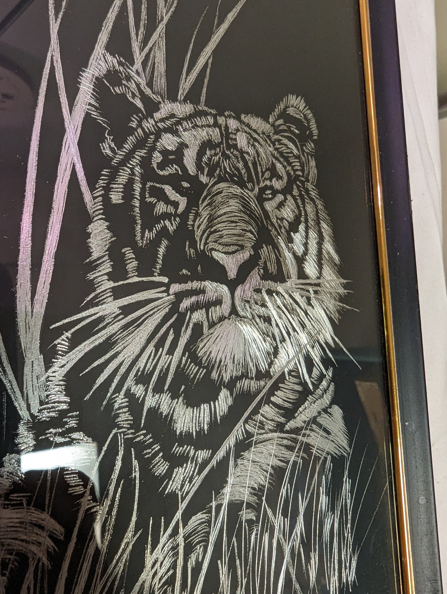 Art metal etching on Black original Two Tigers " in frame under glass Autographed
