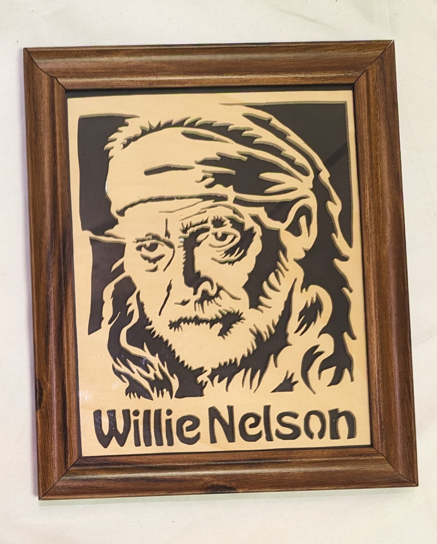 Art Scroll Sawed on wood " Willie Nelson:  Caricature Negative in Frame under glass