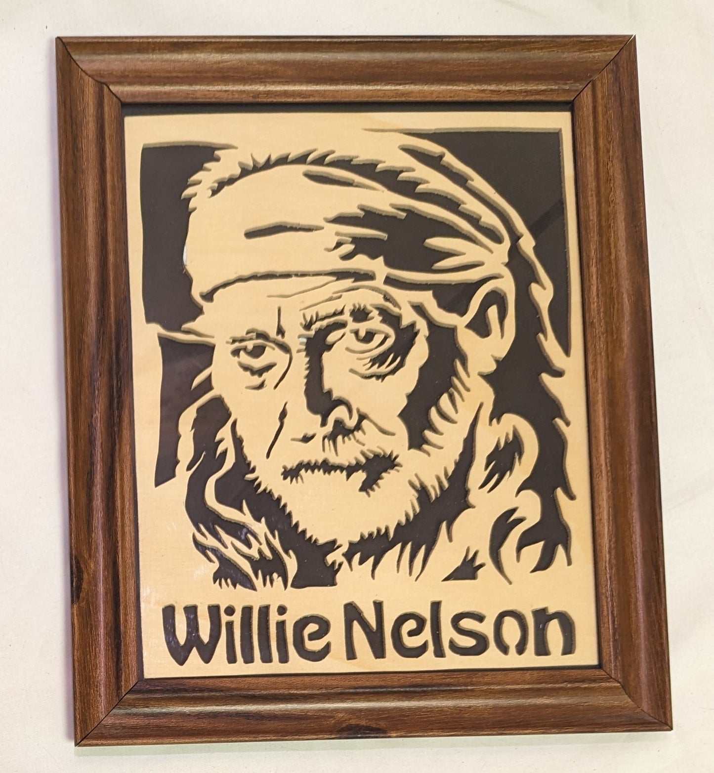 Art Scroll Sawed on wood " Willie Nelson:  Caricature Negative in Frame under glass