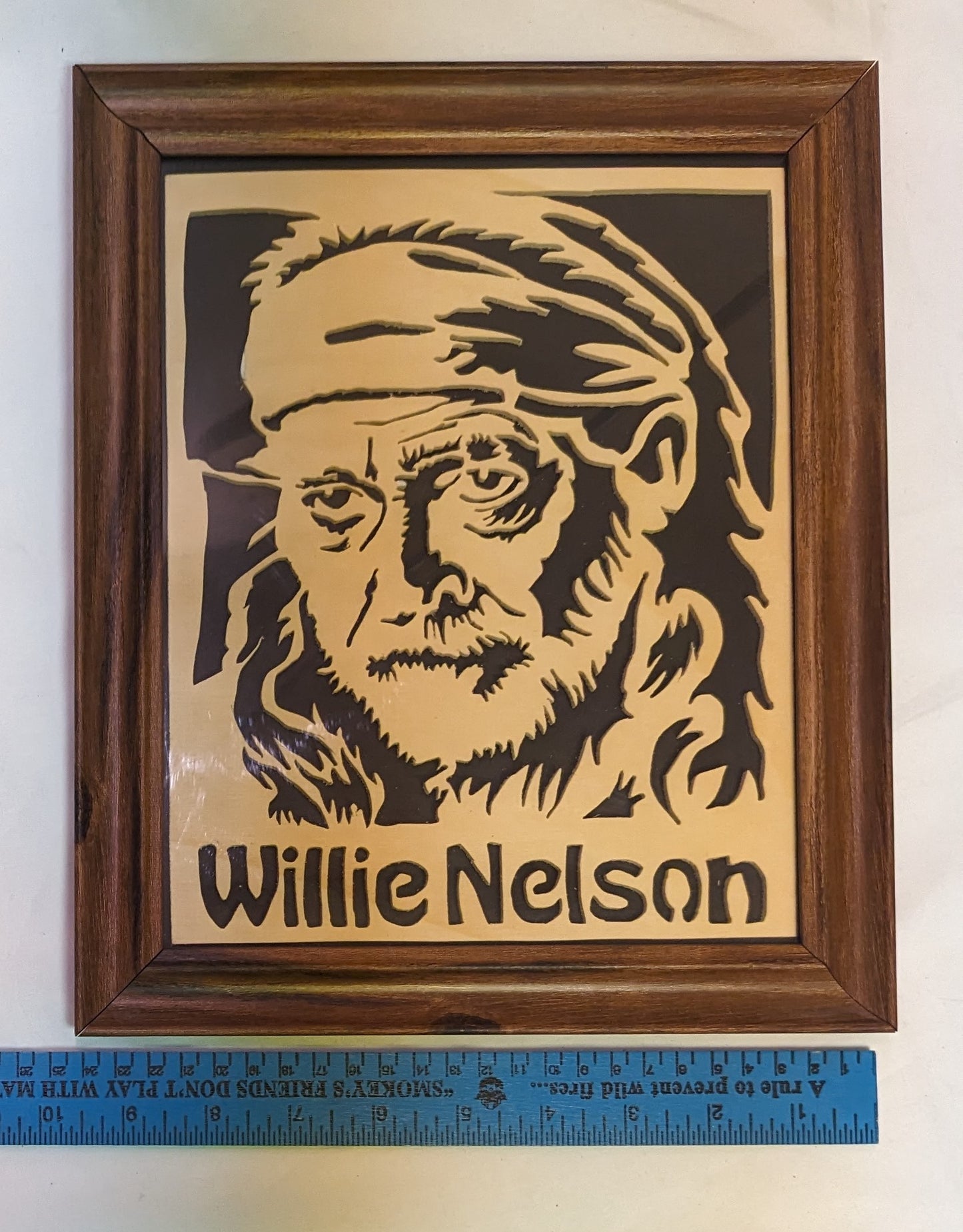 Art Scroll Sawed on wood " Willie Nelson:  Caricature Negative in Frame under glass