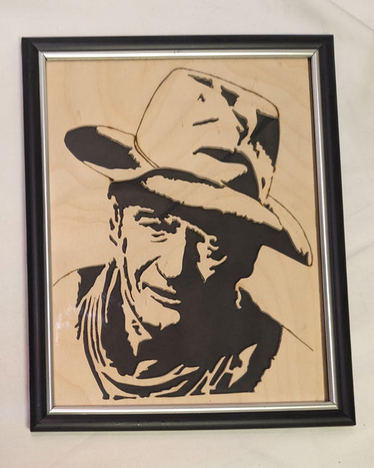 Art Scroll Saw on wood caricature The Duke John Wayne in frame under glass