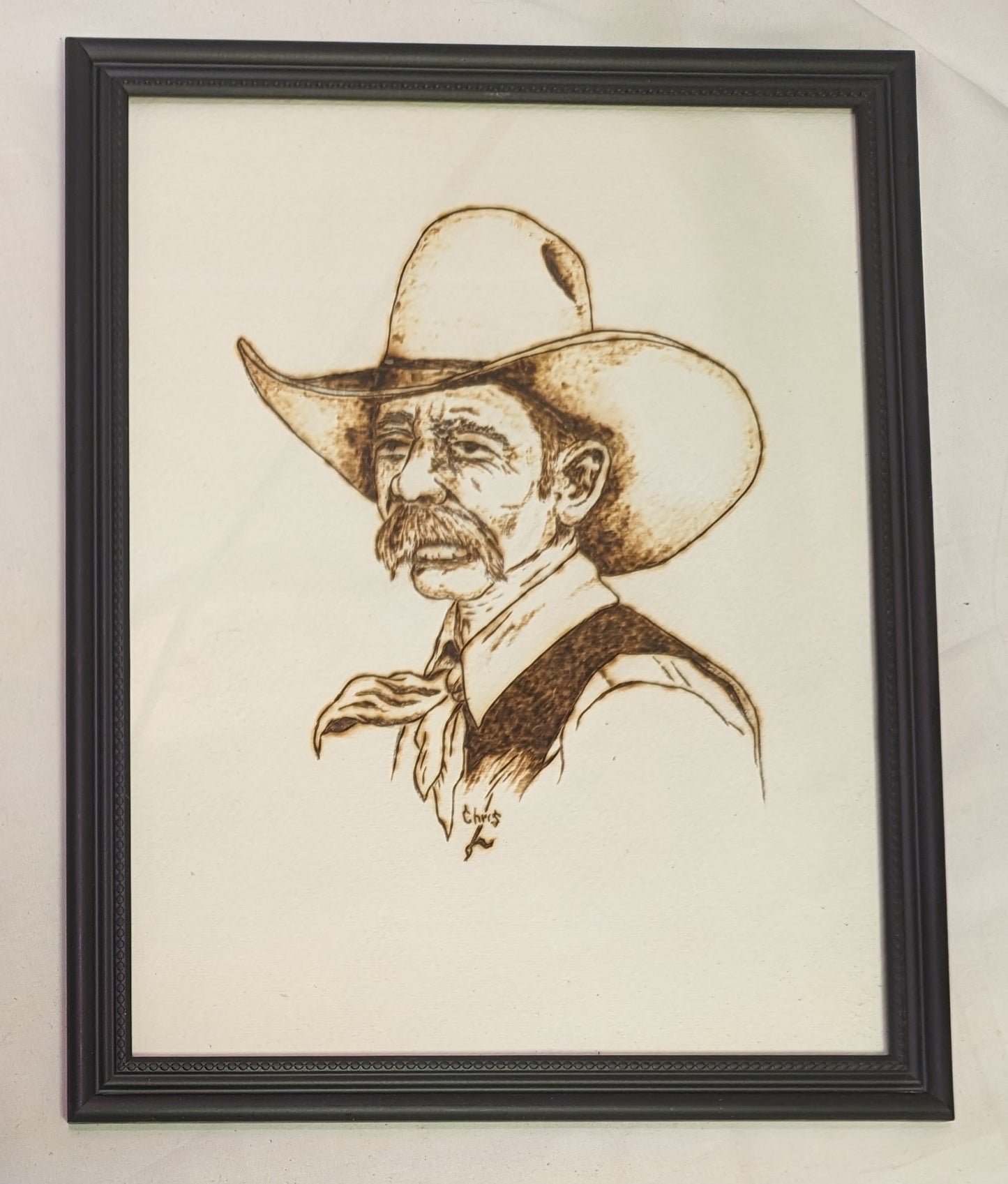 Art Pyrography on wood Caricature Cowboy in frame under glass