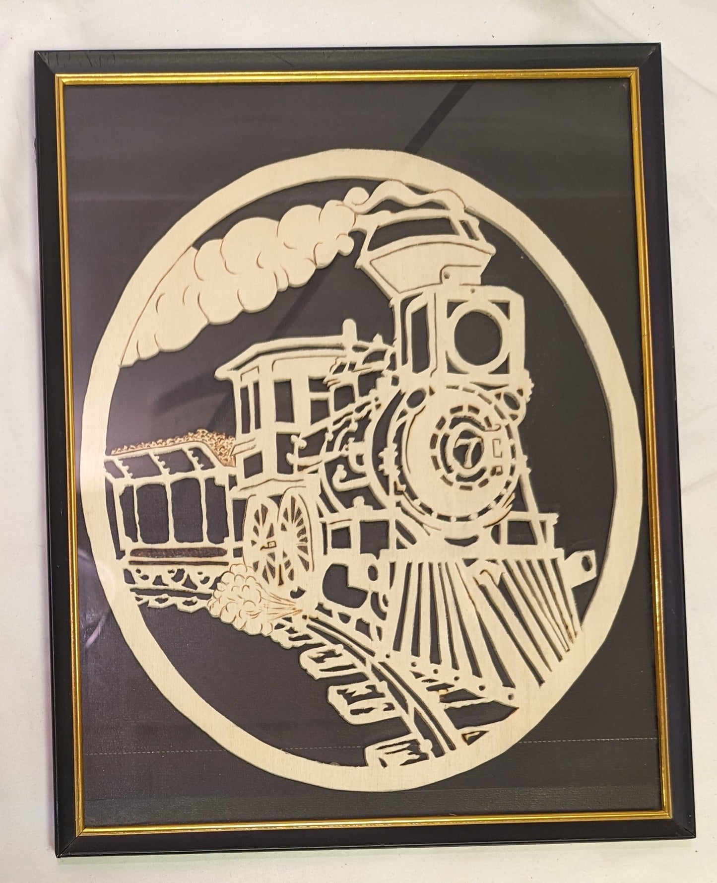Art Scroll Saw of oval wood " Old No 7 Locomotive " in frame under glass