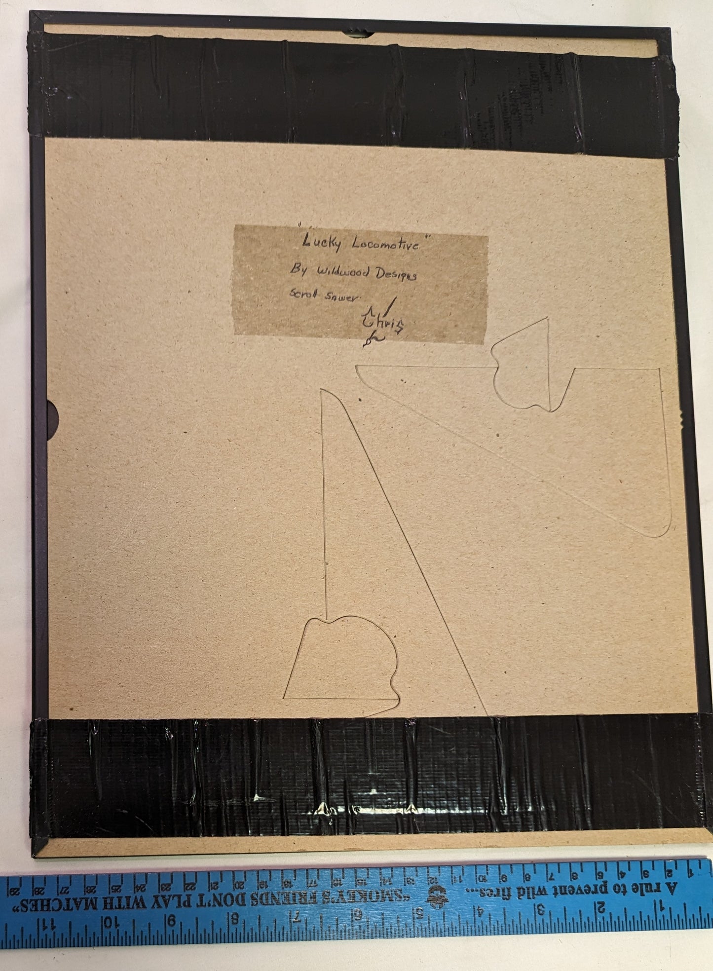 Art Scroll Saw of oval wood " Old No 7 Locomotive " in frame under glass