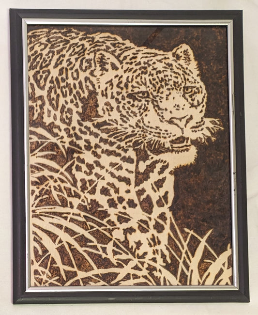Art Pyrography on wood " Stalking Leopard" in frame under glass