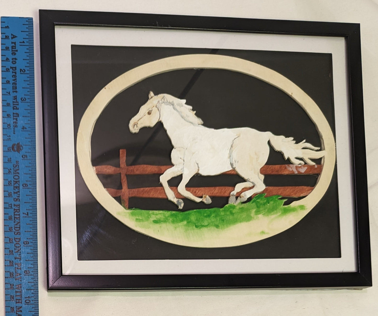 Art Scroll Saw colored on oval wood " Horse Gallop" in fram under glass
