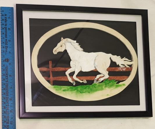 Art Scroll Saw colored on oval wood " Horse Gallop" in fram under glass