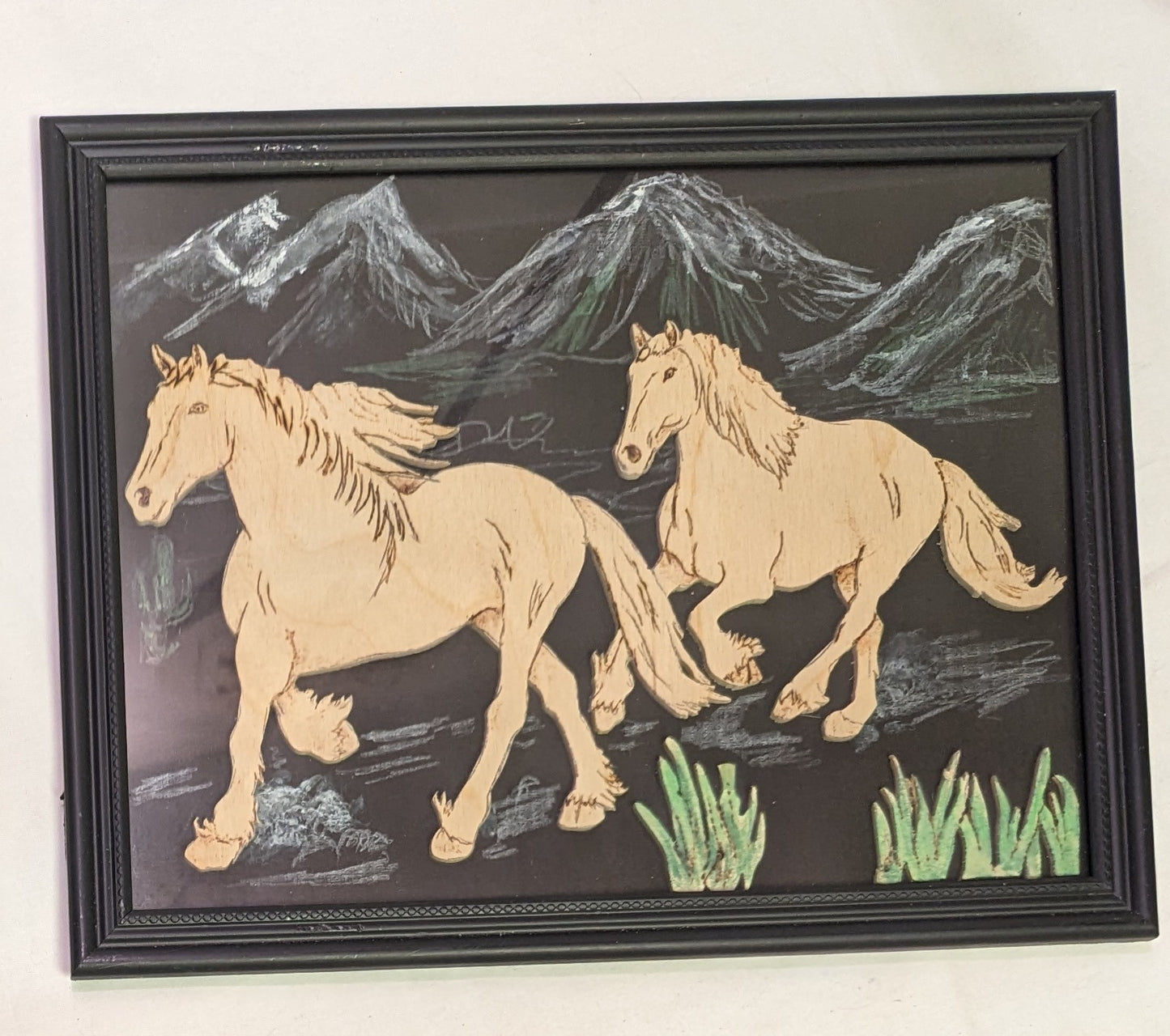 Art scroll saw on wood burned mountain sketch Horses running  in frame under glass