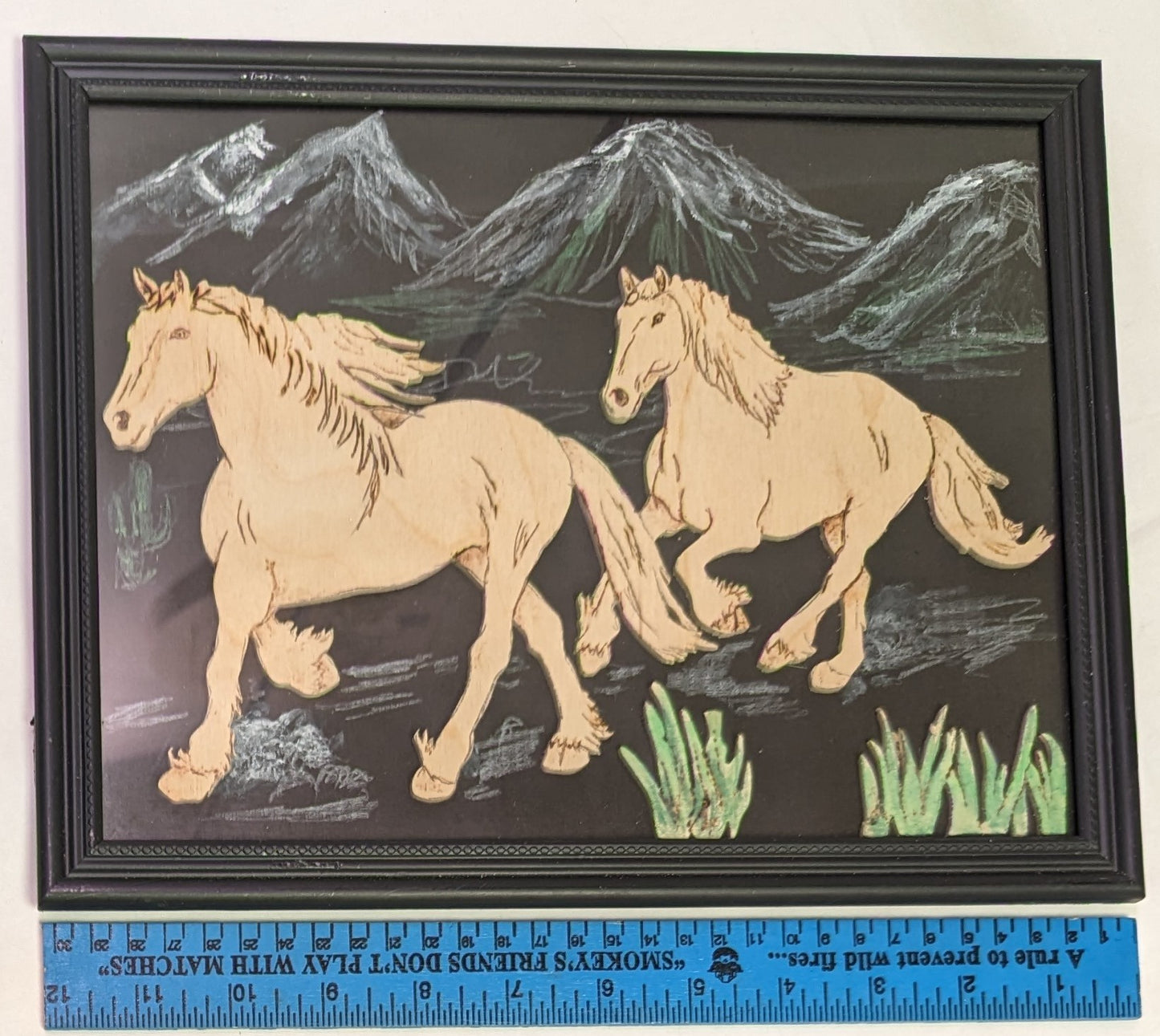 Art scroll saw on wood burned mountain sketch Horses running  in frame under glass