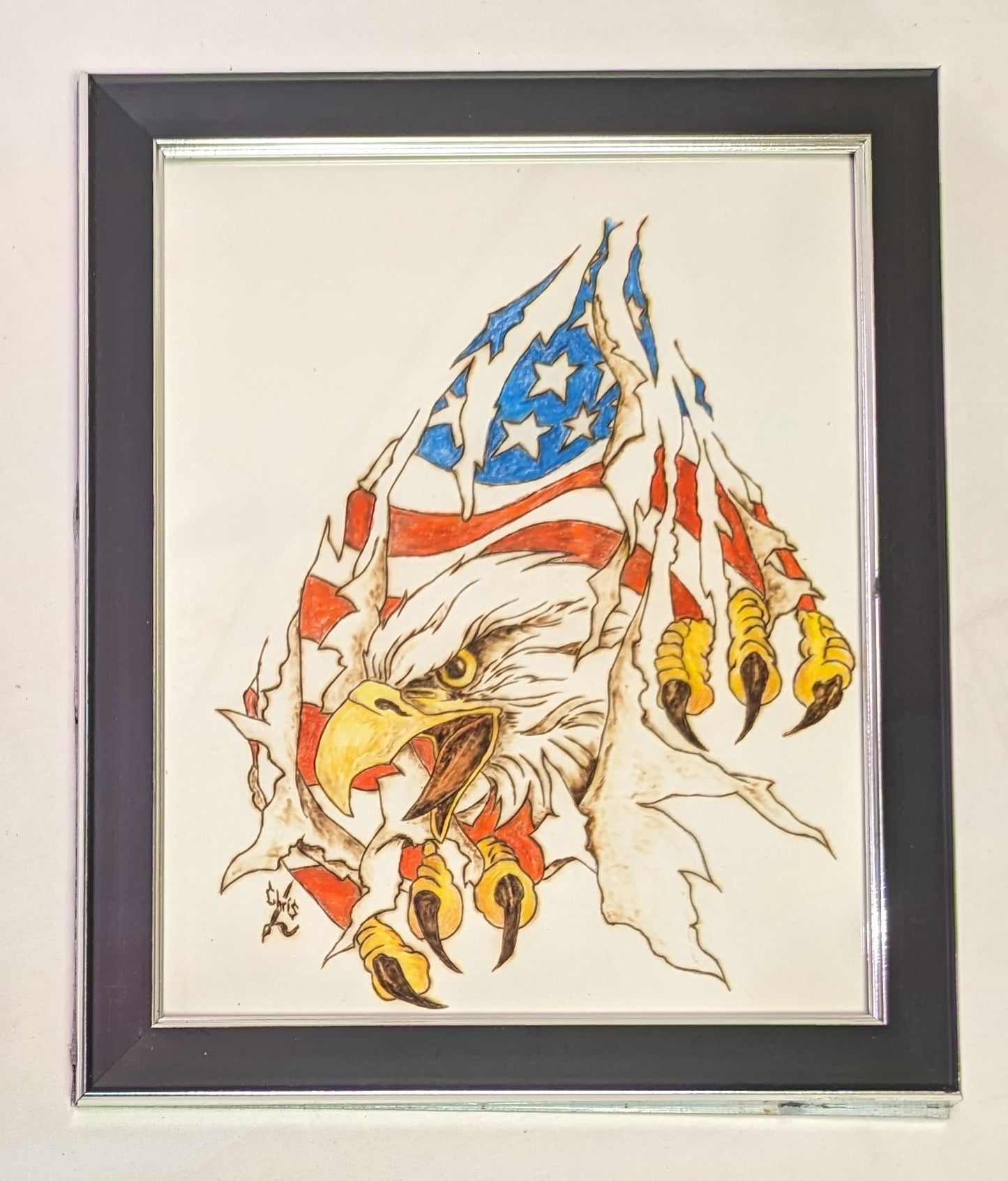Art Pyrography on colored wood Eagle and American Flag in frame under glass