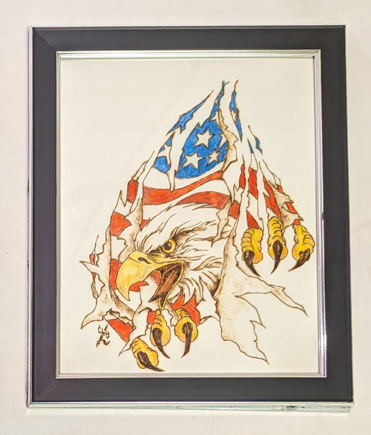 Art Pyrography on colored wood Eagle and American Flag in frame under glass