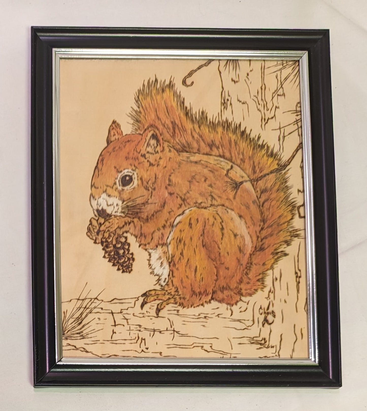 Art Pyrography on colored wood Red Squirrel with pine cone in frame under glass