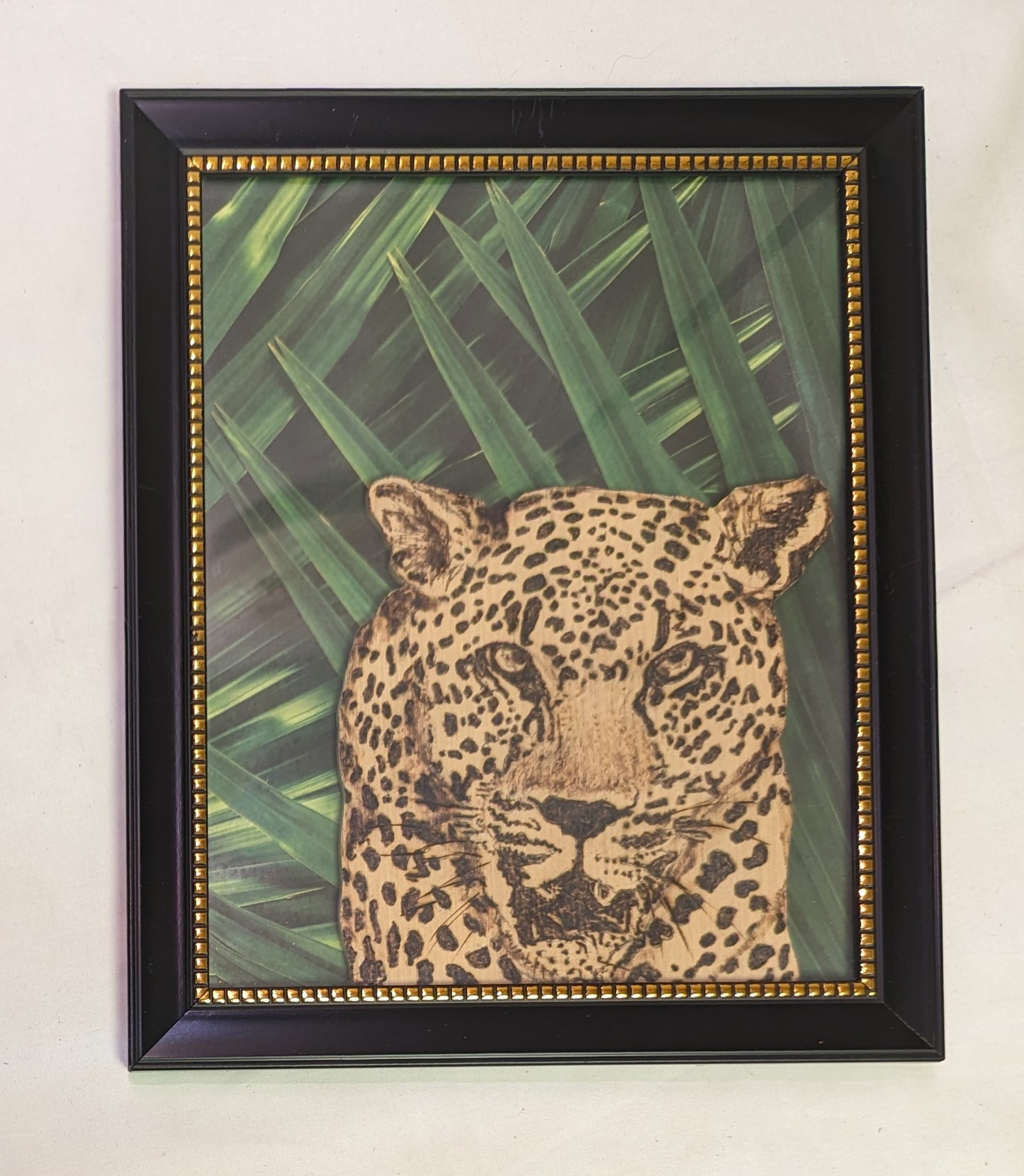 Art mixed media Scroll sawed pyrography  over photo Leopard head in frame under glass