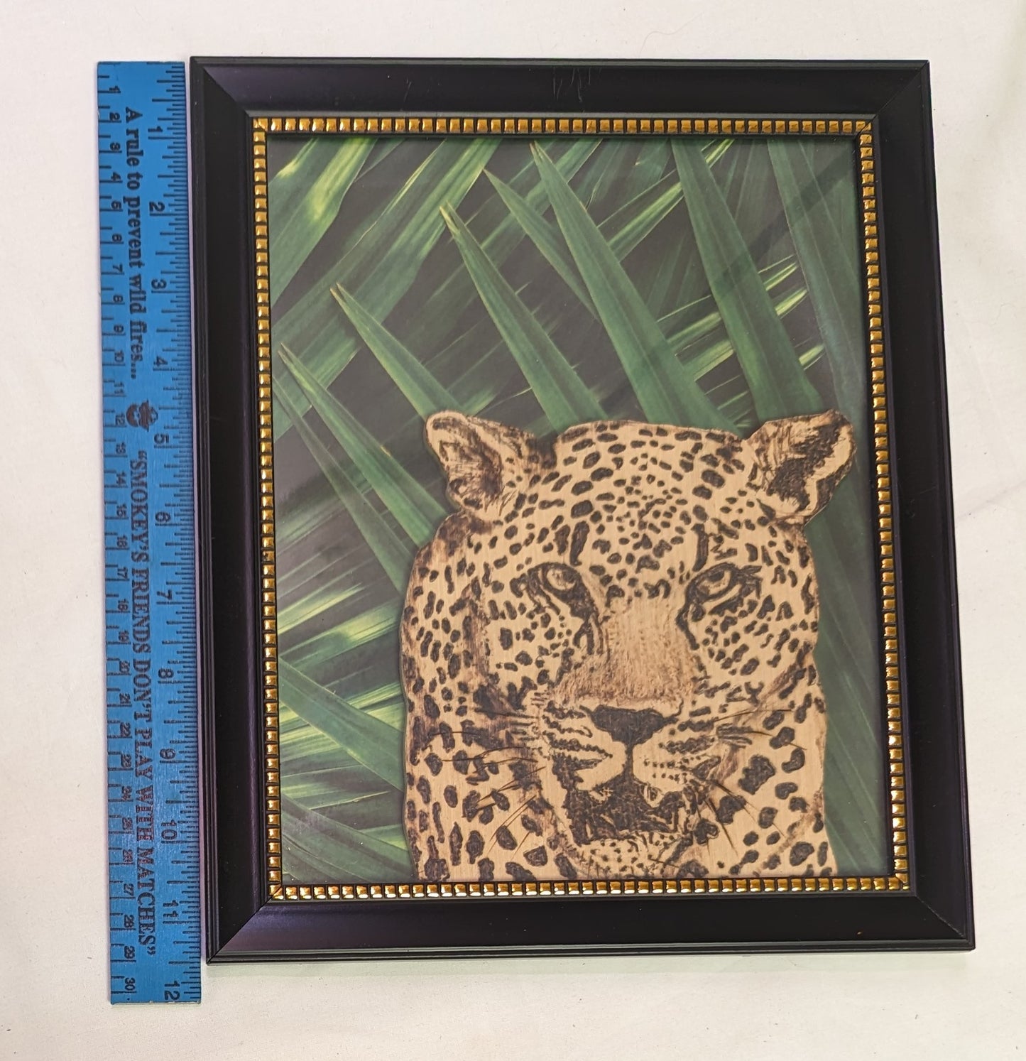 Art mixed media Scroll sawed pyrography  over photo Leopard head in frame under glass