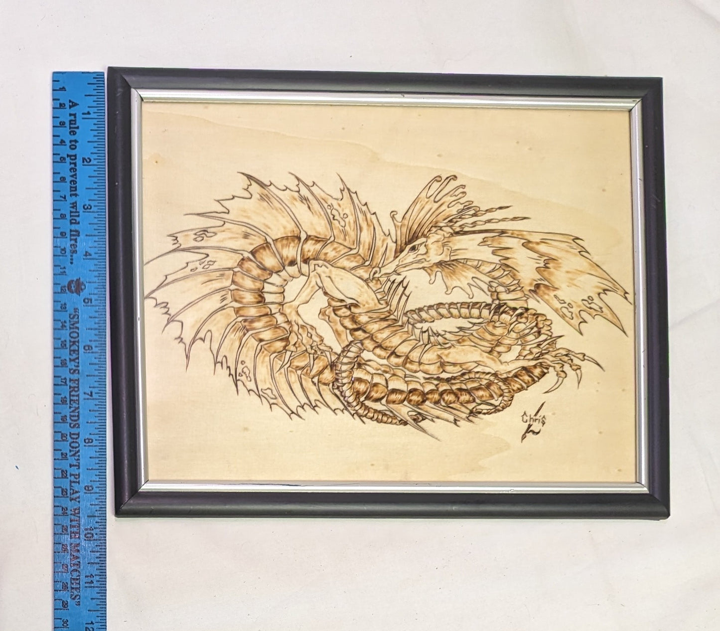 Art Pyrography on wood "Dragon " in frame under glass Autographed