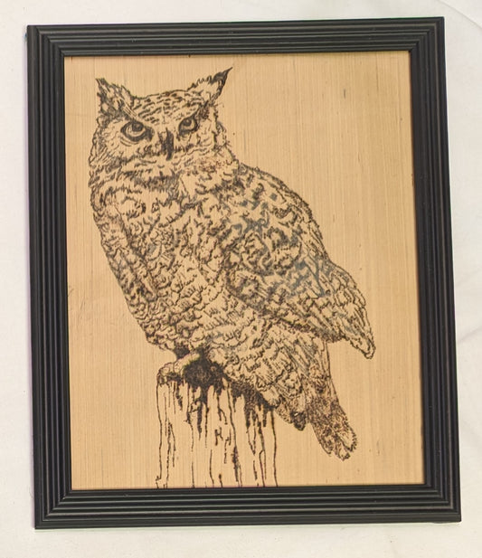 Art Pyrography on wood "Owl on Post" in frame under glass