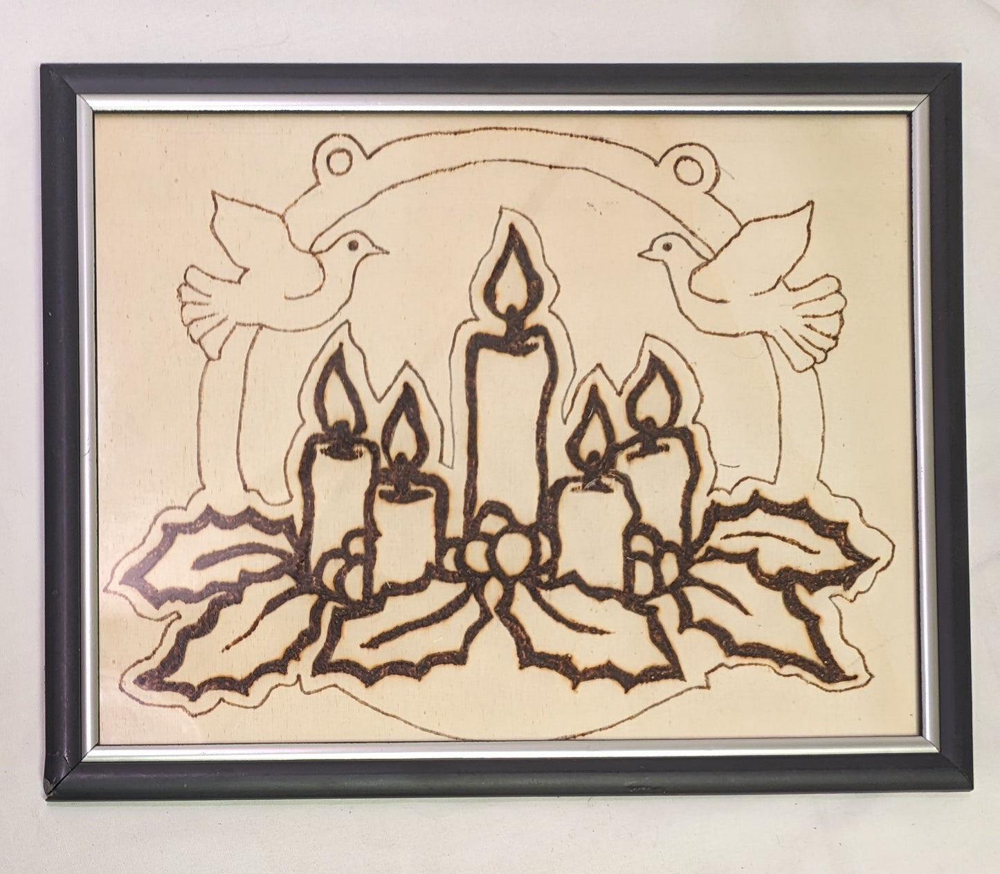 Art Pyrography on wood Candles on Holly Peace Doves in frame under glass