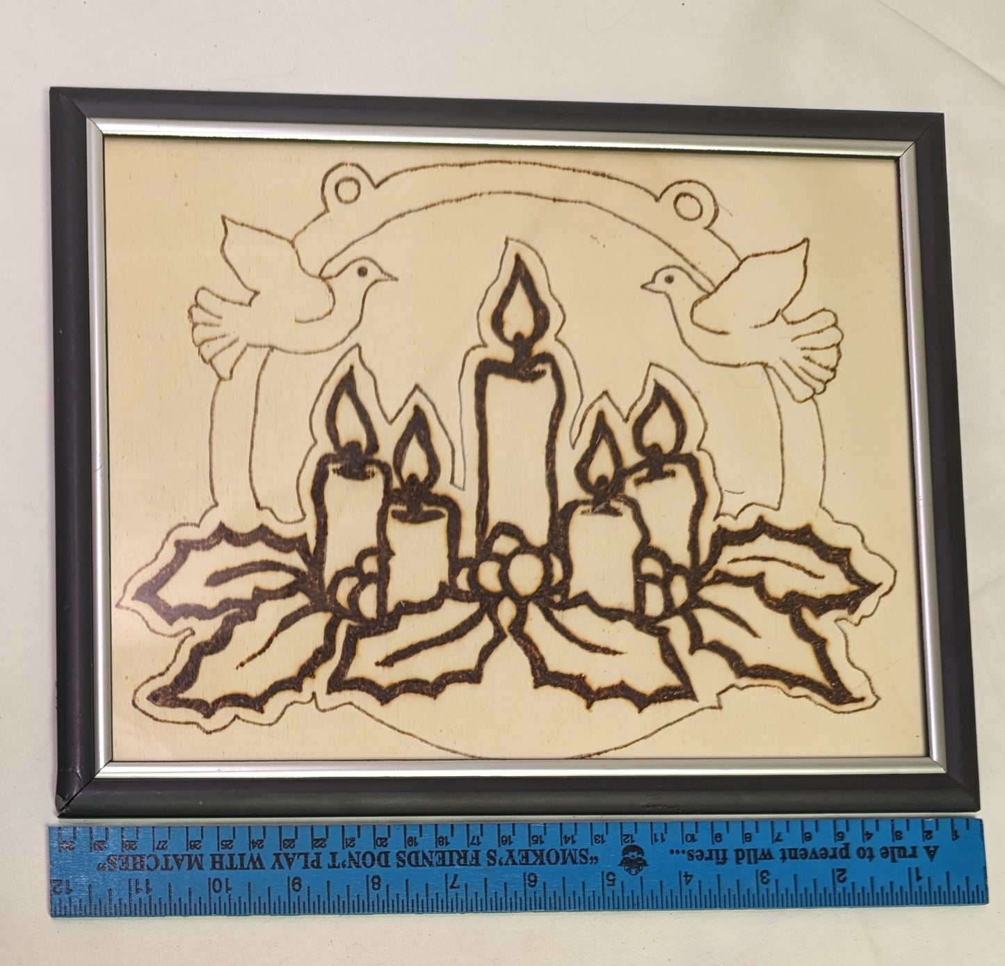 Art Pyrography on wood Candles on Holly Peace Doves in frame under glass