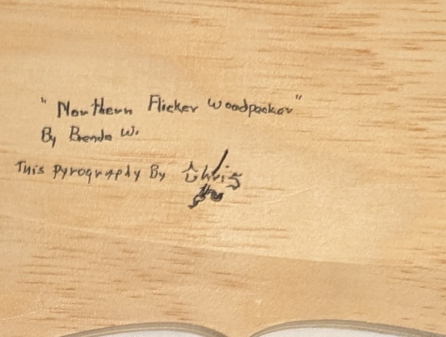 Art Hand Pyrography on wood "Northern Flicker Woodpecker" Credited and Autographed