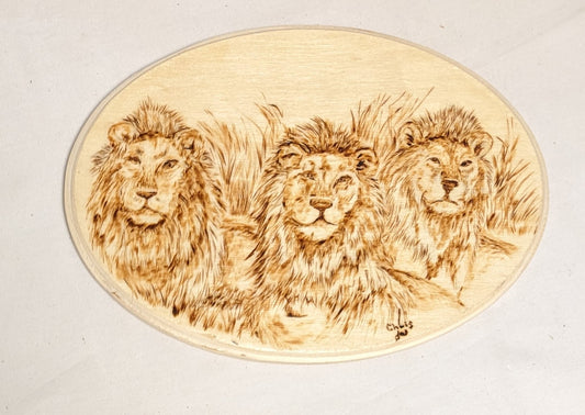 Art Hand Pyrography on wood " Lion Brothers" Autographed