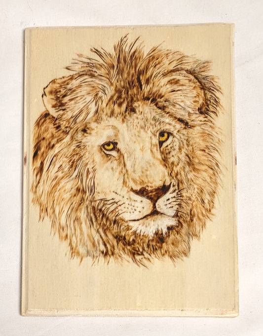 Art Hand Pyrography on wood " Lion Face: Autographed
