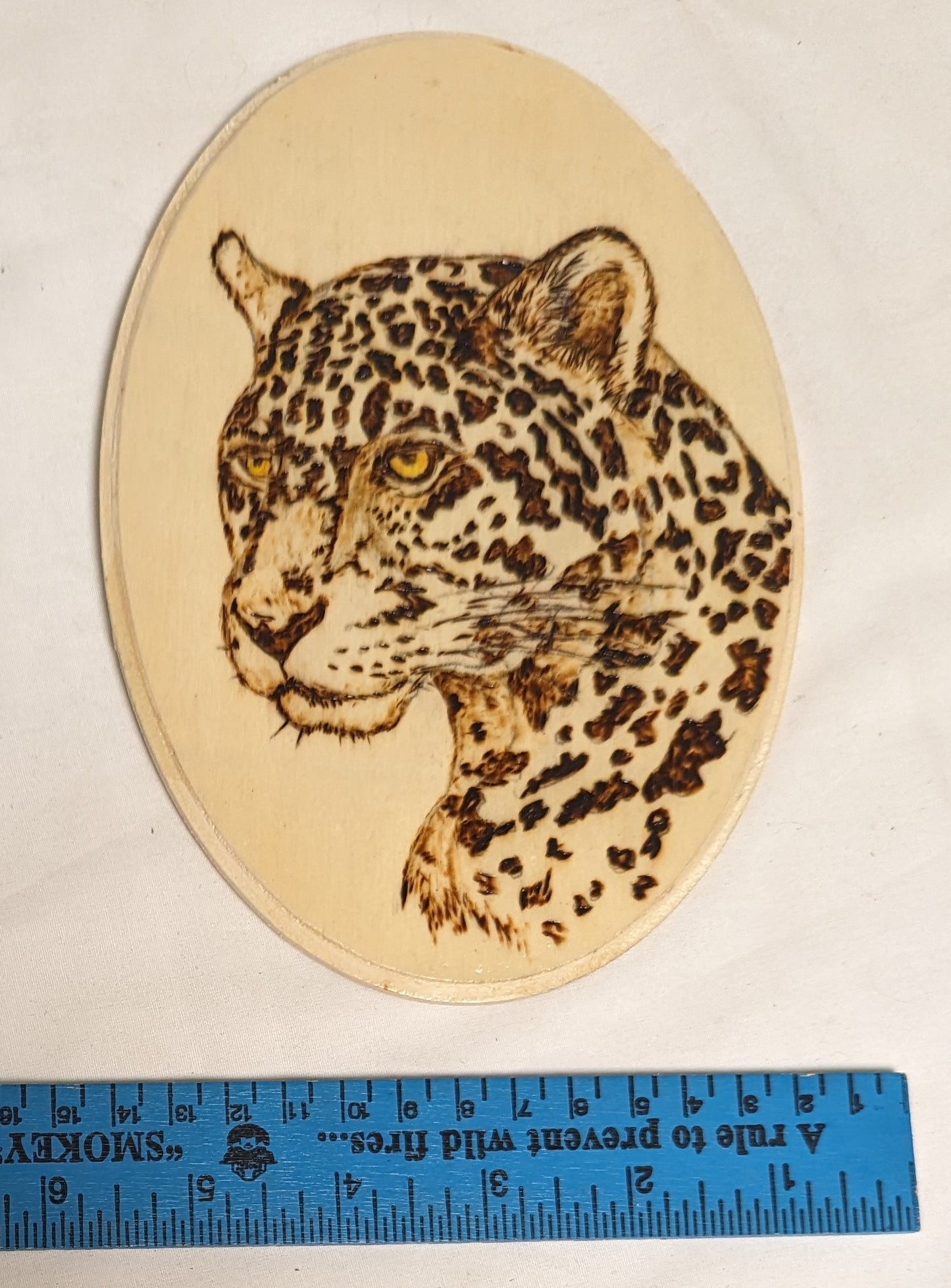 Art Hand Pyrography on Oval wood " Leopard Face" Credited and Autographed